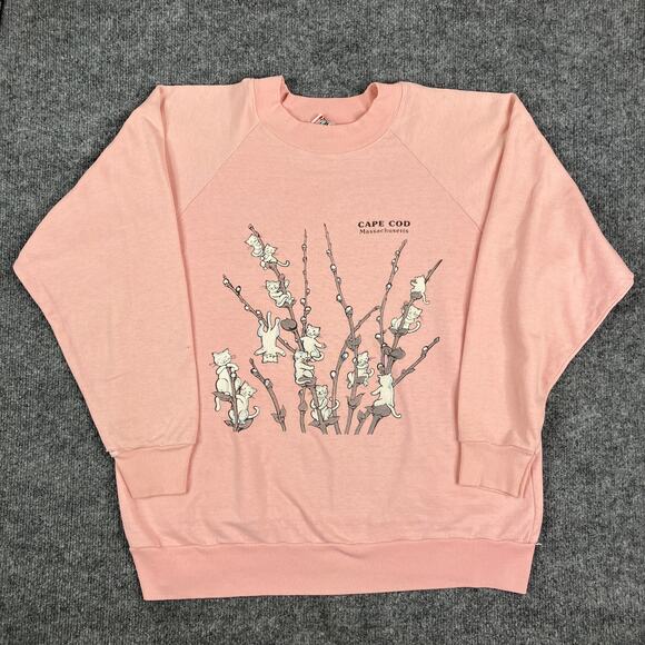 Textile Print Sweatshirt Womens M Pink Cape Cod Graphic Pullover Kawaii Vintage - Picture 1 of 12